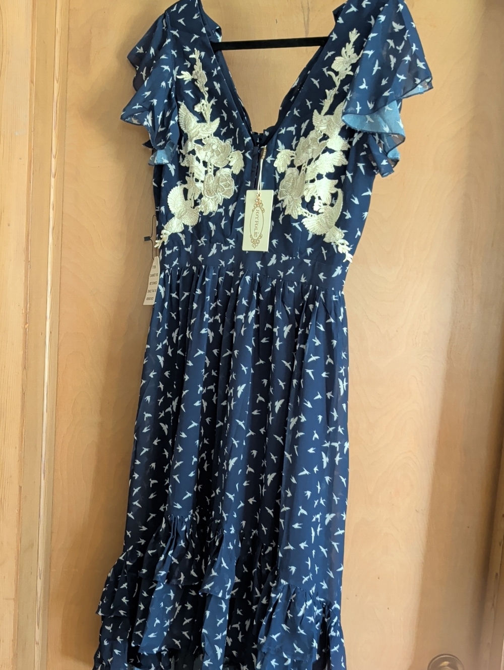 Joyfolie Navy Blue Bird-Print Dress with Cream Floral Appliqué NWT Medium